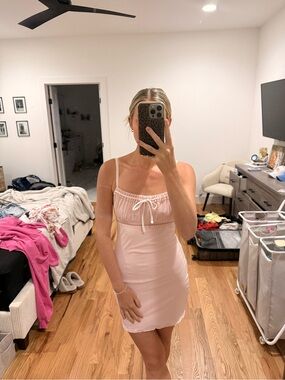 Glossier Light Pink Satin Slip Mini Dress with Bow Detail